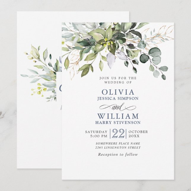 Convites Casamento Elegante Eucalyptus Greenery (Frente/Verso)