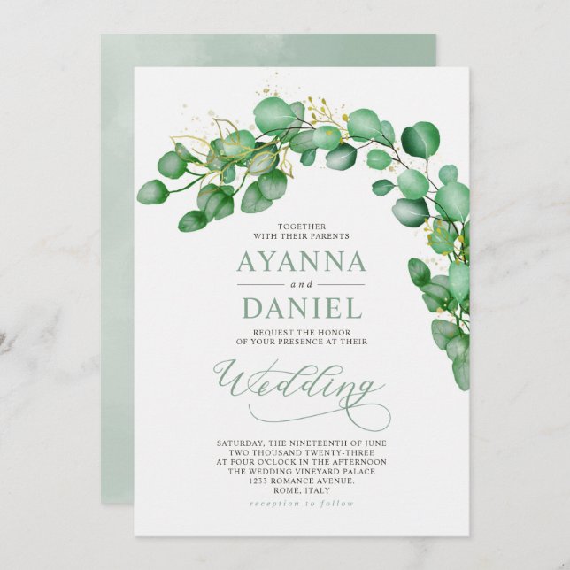 Convites Casamento Elegante Eucalyptus Greenery (Frente/Verso)
