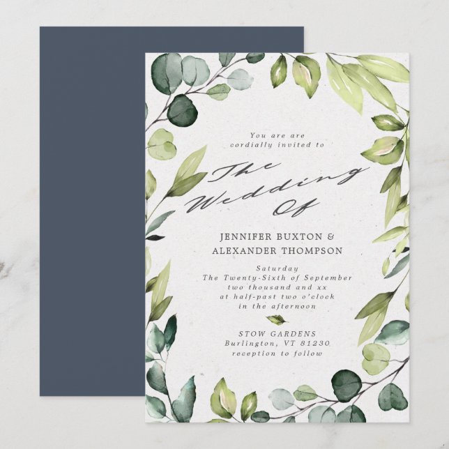 Convites Casamento Elegante Eucalyptus Greenery Calliografi (Frente/Verso)