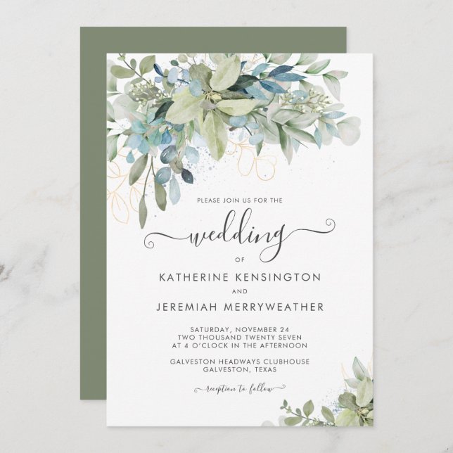 Convites Casamento Elegante Eucalyptus Greenery Script (Frente/Verso)