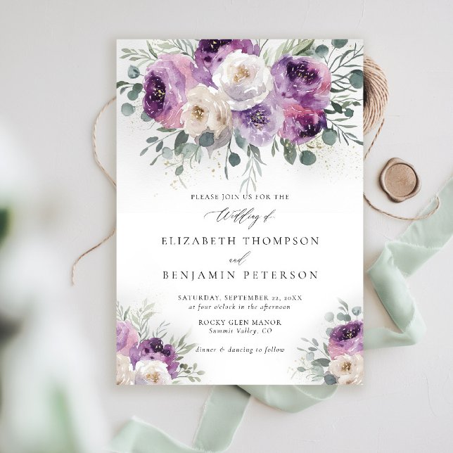 Convites Casamento Elegante Eucalyptus Purple Ivory Floral (rustic purple wedding invitation watercolor elegant floral eucalyptus lavender mauve barn ranch)
