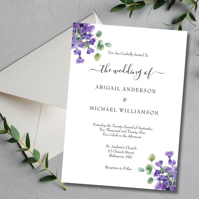 Convites Casamento Elegante Eucalyptus Vermelhos (Purple Floral Eucalyptus Watercolor Elegant Wedding invitation)