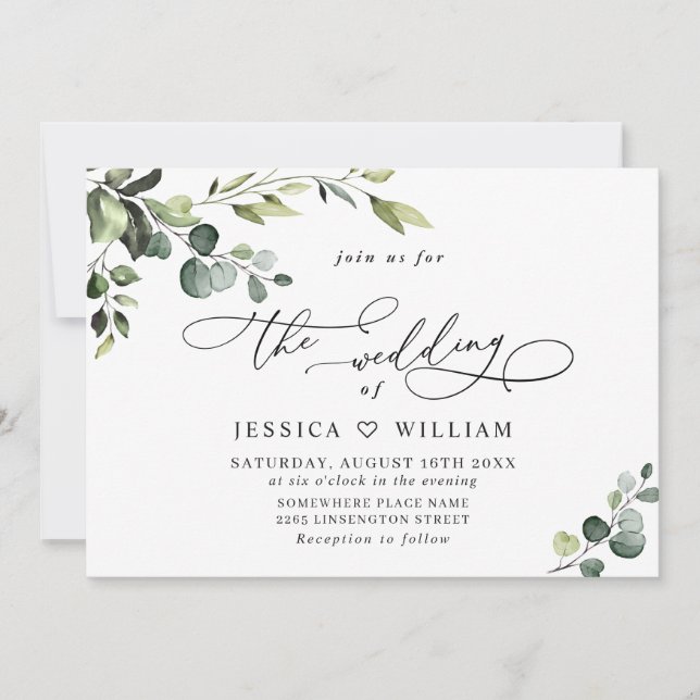 Convites Casamento Elegante Eucalyptus Watercolor Greenery (Frente)