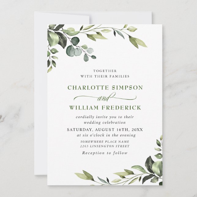 Convites Casamento Elegante Eucalyptus Watercolor Greenery (Frente)