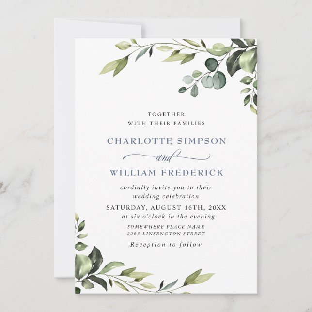 Convites Casamento Elegante Eucalyptus Watercolor Greenery (Frente)