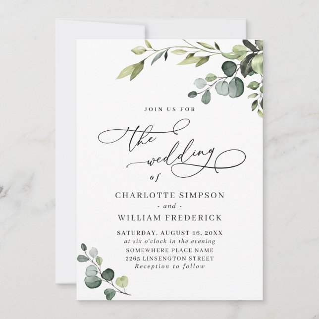 Convites Casamento Elegante Eucalyptus Watercolor Greenery (Frente)