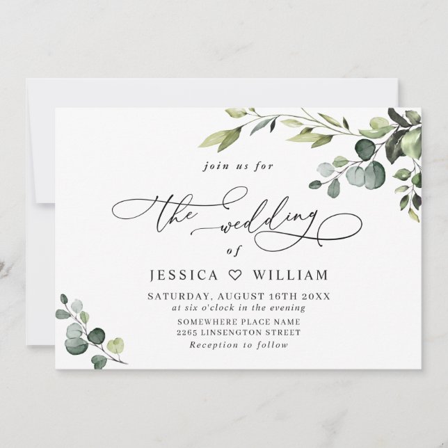 Convites Casamento Elegante Eucalyptus Watercolor Greenery (Frente)