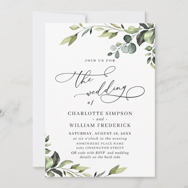 Convites Casamento Elegante Eucalyptus Watercolor Greenery (Frente)
