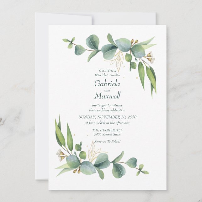 Convites Casamento Elegante Eucalyptus White e Greenery (Frente)