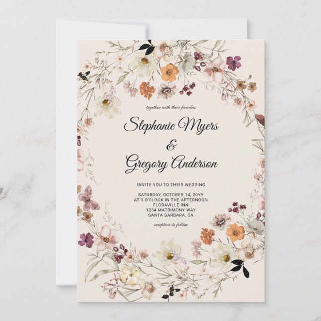 Convites Casamento Elegante Fall Boho Wildflower (Frente)