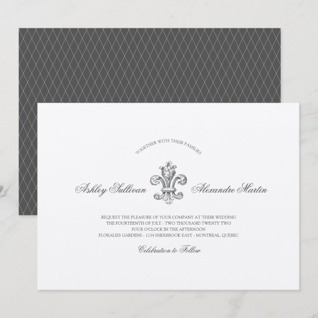 Convites Casamento Elegante Fleur de Lis com RSVP (Frente/Verso)