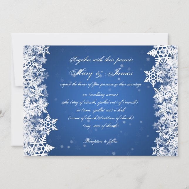 Convites Casamento Elegante Flocos de Neve de inverno Blue  (Verso)