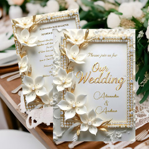 Convites Casamento Elegante Flor de Diamante Dourado Branco