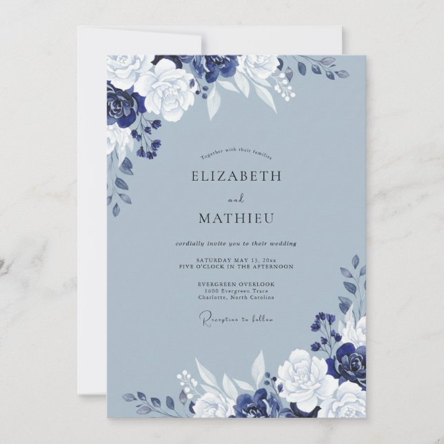 Convites Casamento Elegante Flor de Índigo em Slate (Frente)