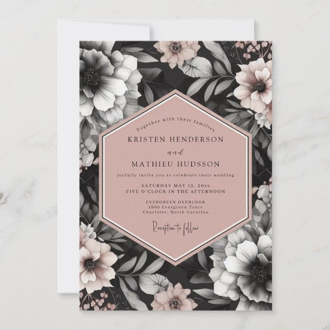 Convites Casamento Elegante Flora Charcoal Blush (Frente)