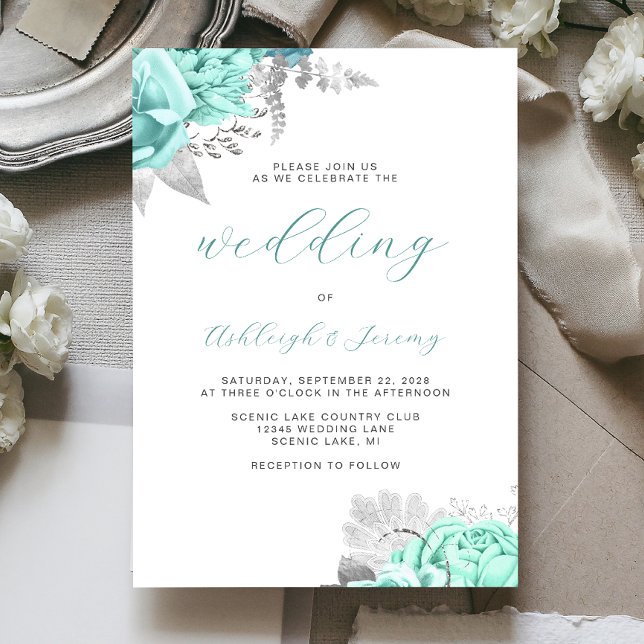 Convites Casamento Elegante Floral Aqua Script Prata (Criador carregado)