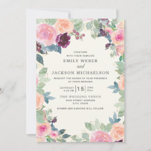 Convites Casamento Elegante Floral Aquarela Rosa Roxo