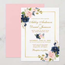 Convites Casamento Elegante Floral Azul-Blush Rosa Dourado