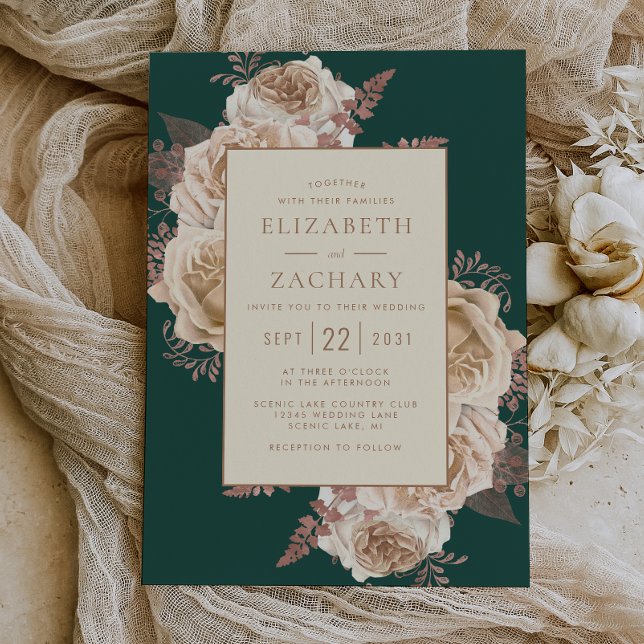 Convites Casamento Elegante Floral Azul Escuro Rosa Dourada (Criador carregado)