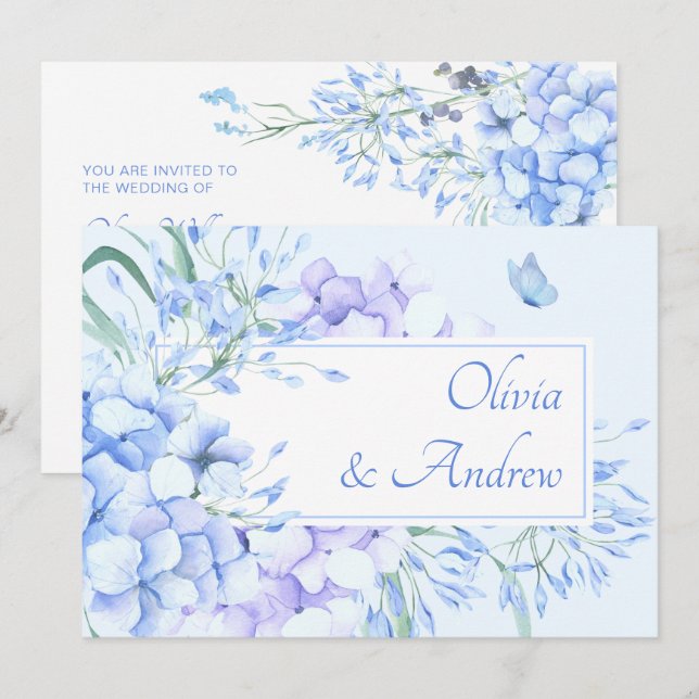 Convites Casamento elegante floral azul roxo (Frente/Verso)