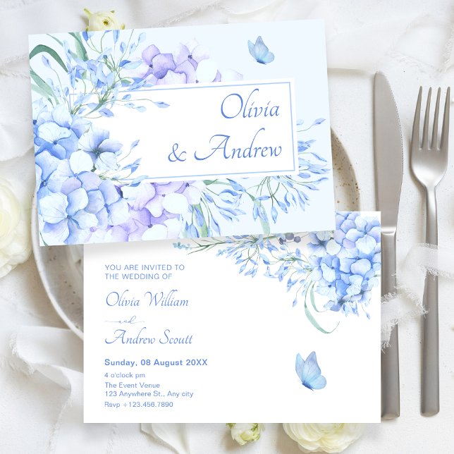 Convites Casamento elegante floral azul roxo (Criador carregado)