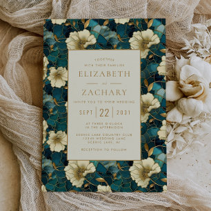 Convites Casamento Elegante Floral Azul Turquesa Creme Dour