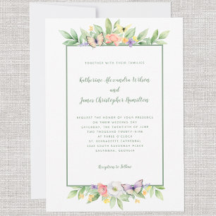 Convites Casamento Elegante Floral Borboleta Aquarela Verde