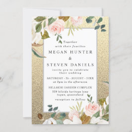 Convites Casamento Elegante Floral Branco-Blush com ouro-Br