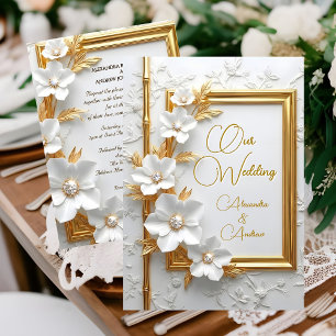 Convites Casamento Elegante Floral Branco com Diamante e Do