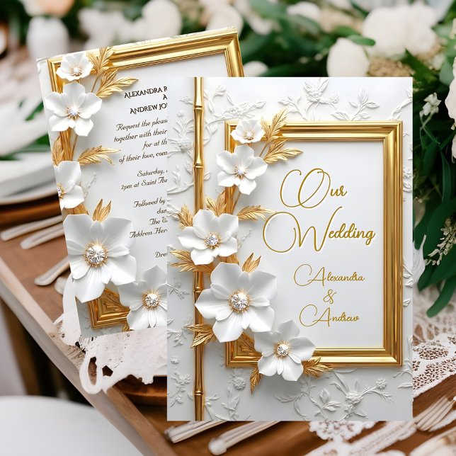 Convites Casamento Elegante Floral Branco com Diamante e Do (Criador carregado)