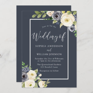 Convites Casamento Elegante Floral Branco e marinho