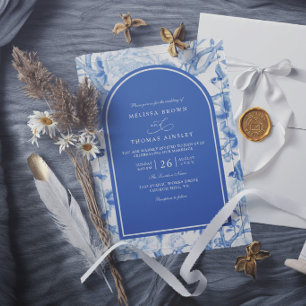 Convites Casamento Elegante Floral Chinois Azul Delft Branc