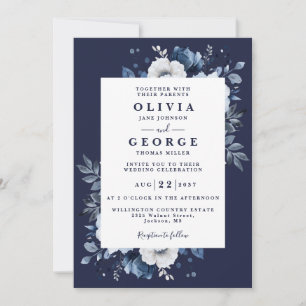 Convites Casamento Elegante Floral Código QR Azul Marinho R