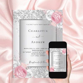 Convites Casamento elegante floral cor-de-rosa prateado