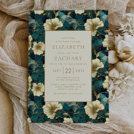 Convites Casamento Elegante Floral Creme Azul Escuro Dourad