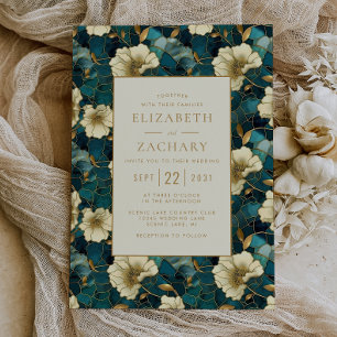 Convites Casamento Elegante Floral Creme Azul Escuro Dourad