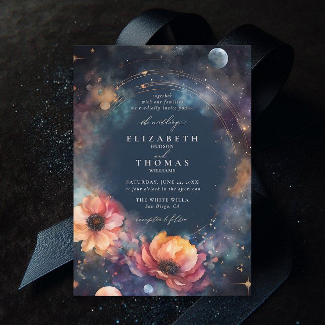Convites Casamento Elegante Floral das Estrelas das Águas C (celestial wedding invitation moody dark midnight sky watercolor floral elegant modern classic)