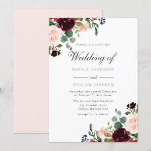 Convites Casamento Elegante Floral de Blush & Burgundy Wate