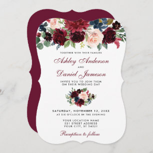 Convites Casamento Elegante Floral de Cor Azul Burgundy