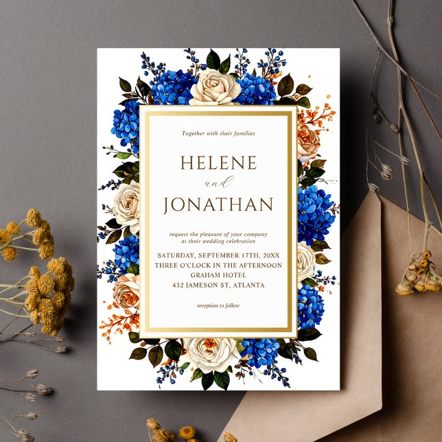 Convites Casamento Elegante Floral de Cor Azul Cobalto (Cobalt Blue Watercolor Floral Elegant Wedding Invitation)