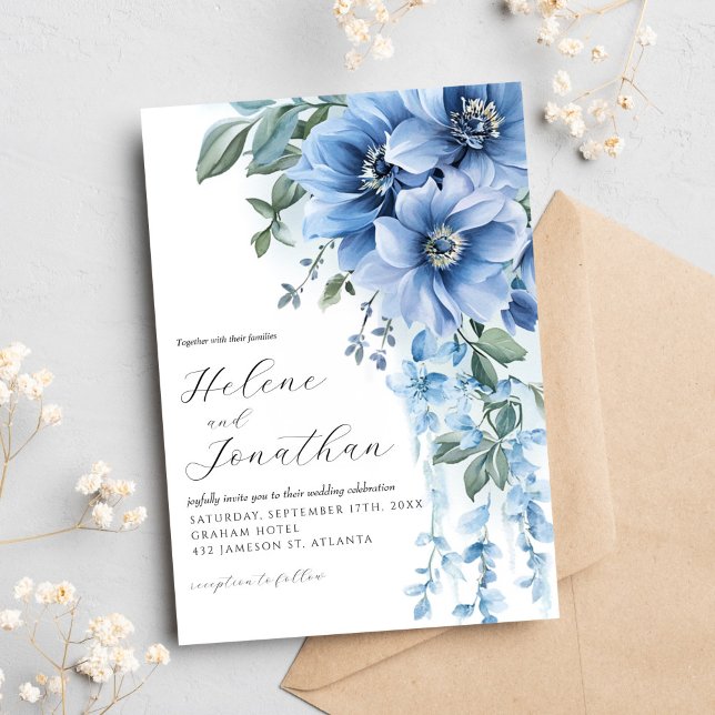 Convites Casamento Elegante Floral de Cor Azul Dusty (Dusty Blue Watercolor Floral Elegant Wedding Invitation)