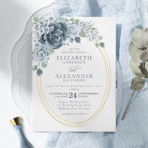 Convites Casamento Elegante Floral de Cor Azul Dusty