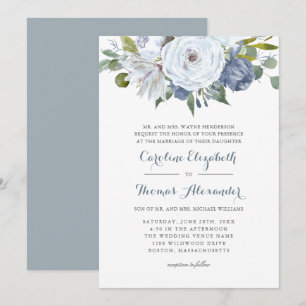 Convites Casamento Elegante Floral de Cor Azul e Branca