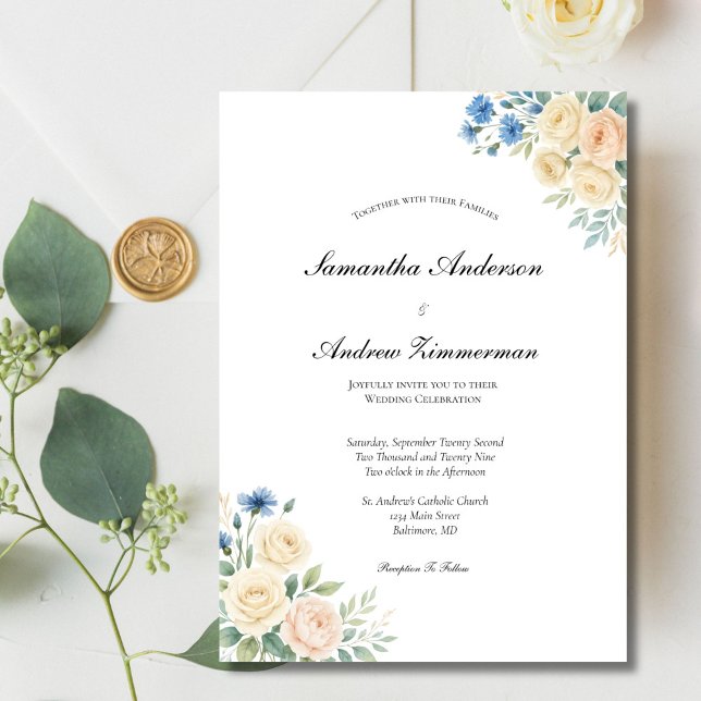 Convites Casamento Elegante Floral de Creme Rosa Azul (Blue blush pink and cream watercolor floral elegant wedding invitation. Printed or Digital Download)