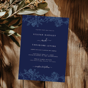 Convites Casamento Elegante Floral de Folha Azul Marinho Vi