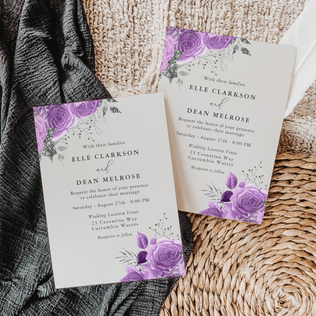 Convites Casamento Elegante Floral de lavanda Roxo e Prata (Criador carregado)
