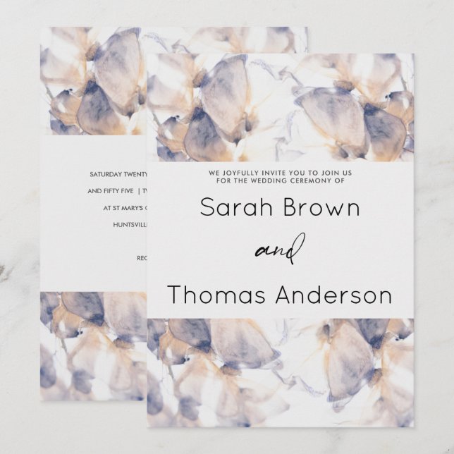 CONVITES CASAMENTO ELEGANTE FLORAL DE PATELAS BRANCO E AZUL (Frente/Verso)