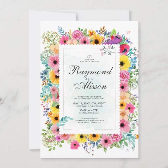 Convites Casamento Elegante Floral de Watercolor (Frente)