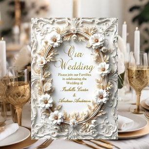 Convites Casamento Elegante Floral Dourado Branco Quadro Or