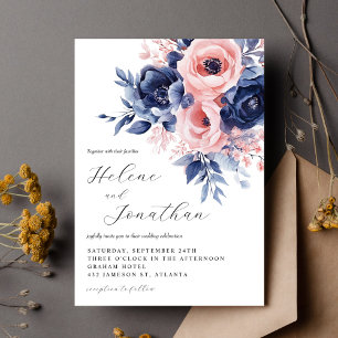 Convites Casamento Elegante Floral Elegante Cor-de-rosa-Blu